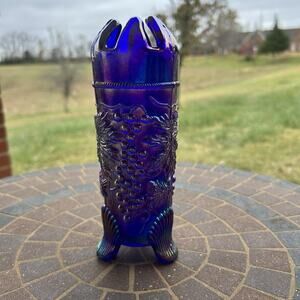 Northwood GRAPE and CABLE Cobalt Blue Carnival Glass Footed Hatpin Holder Vase